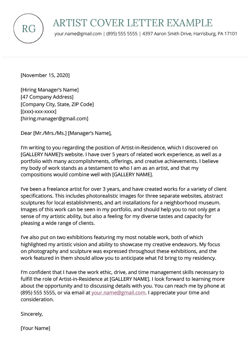 40249 visual artist cover letter