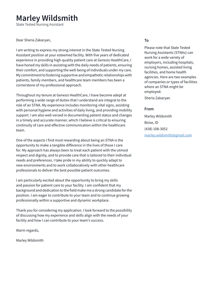 40267 nursing assistant cover letter