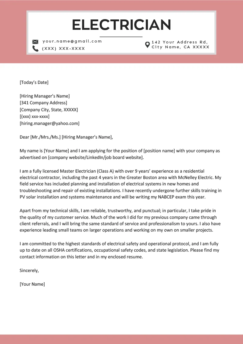 40278 electrician cover letter writing