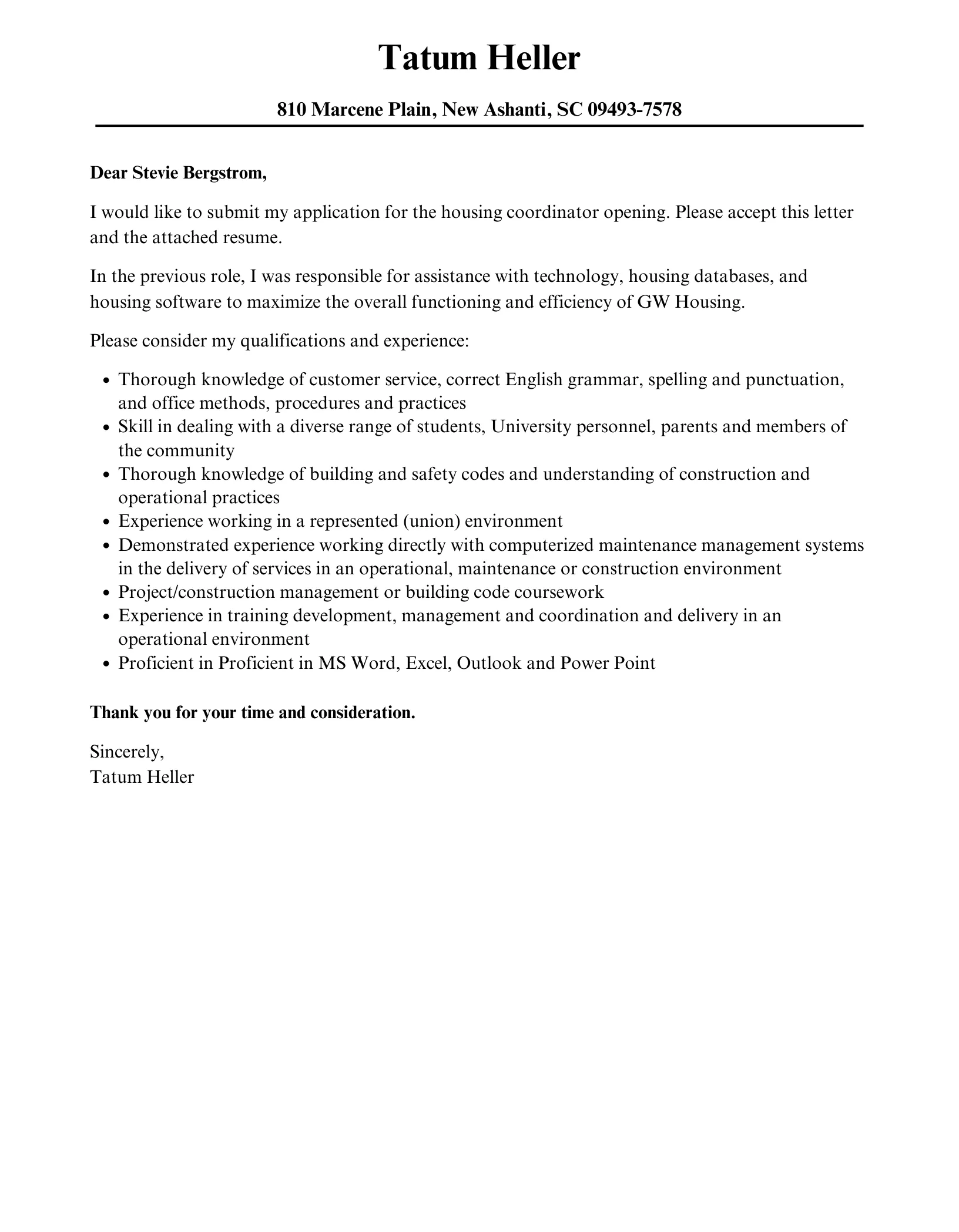 40308 housing coordinator cover letter