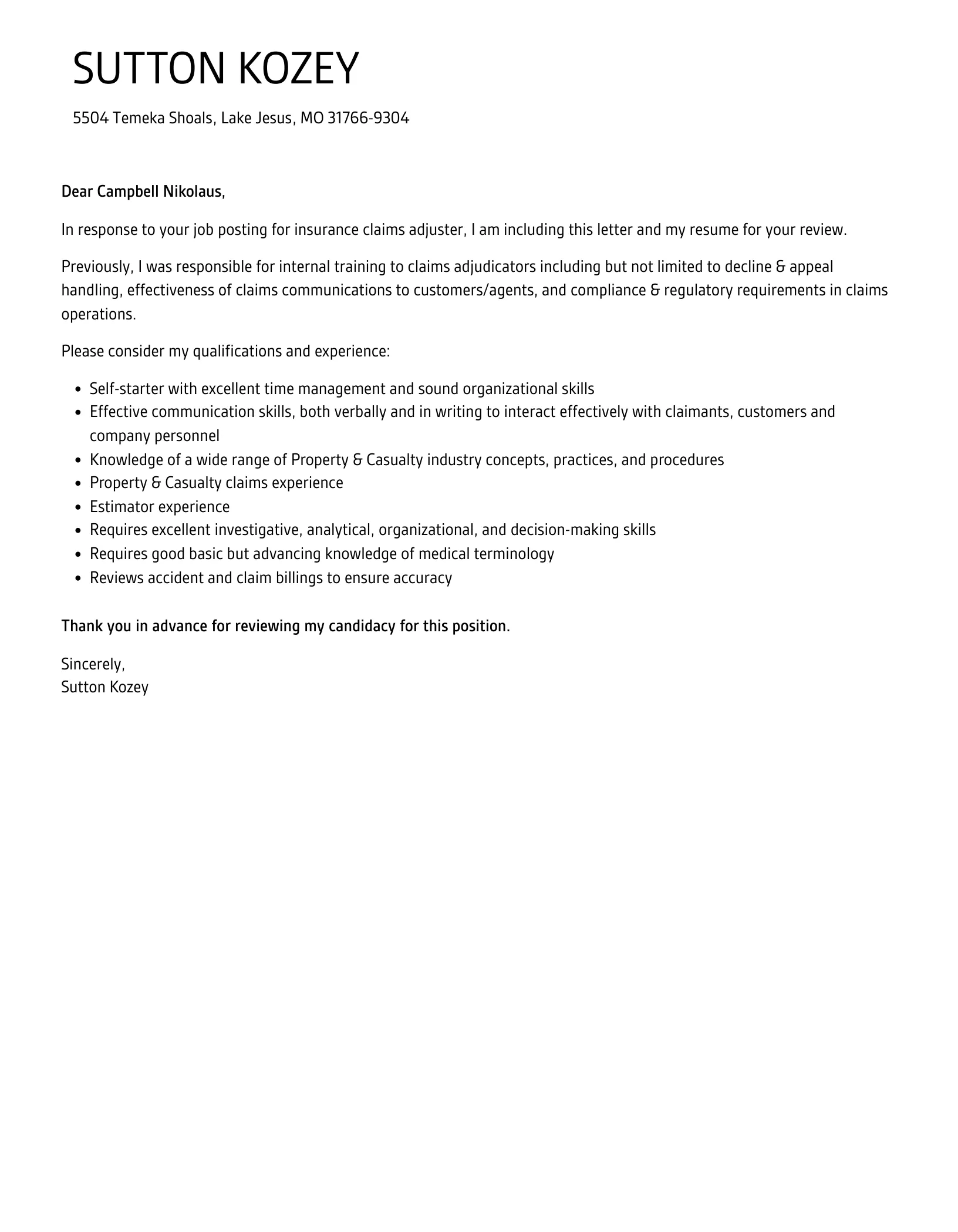 40318 insurance claims adjuster cover letter proofread