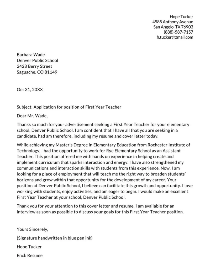 40358 elementary teacher cover letter