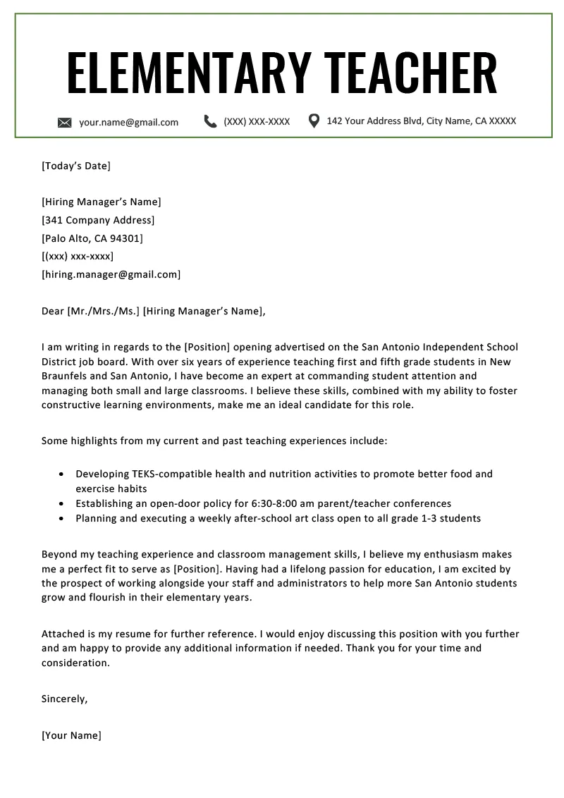 40358 teacher cover letter