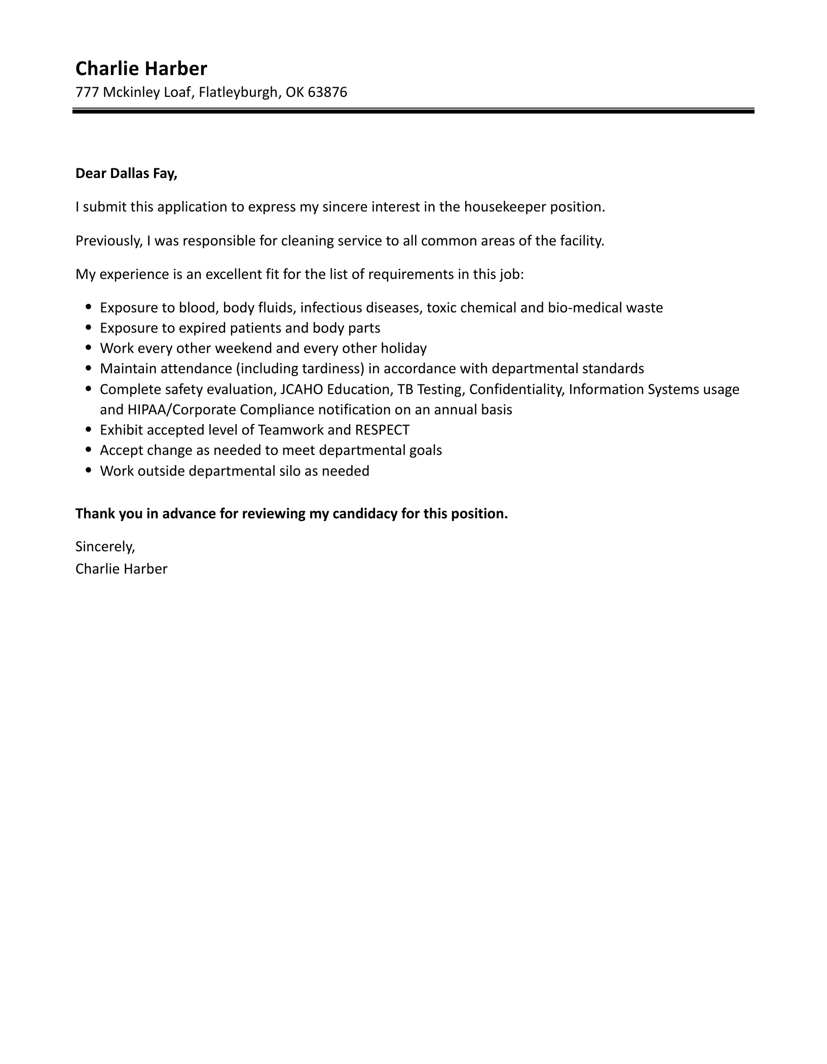 40368 housekeeper experience example