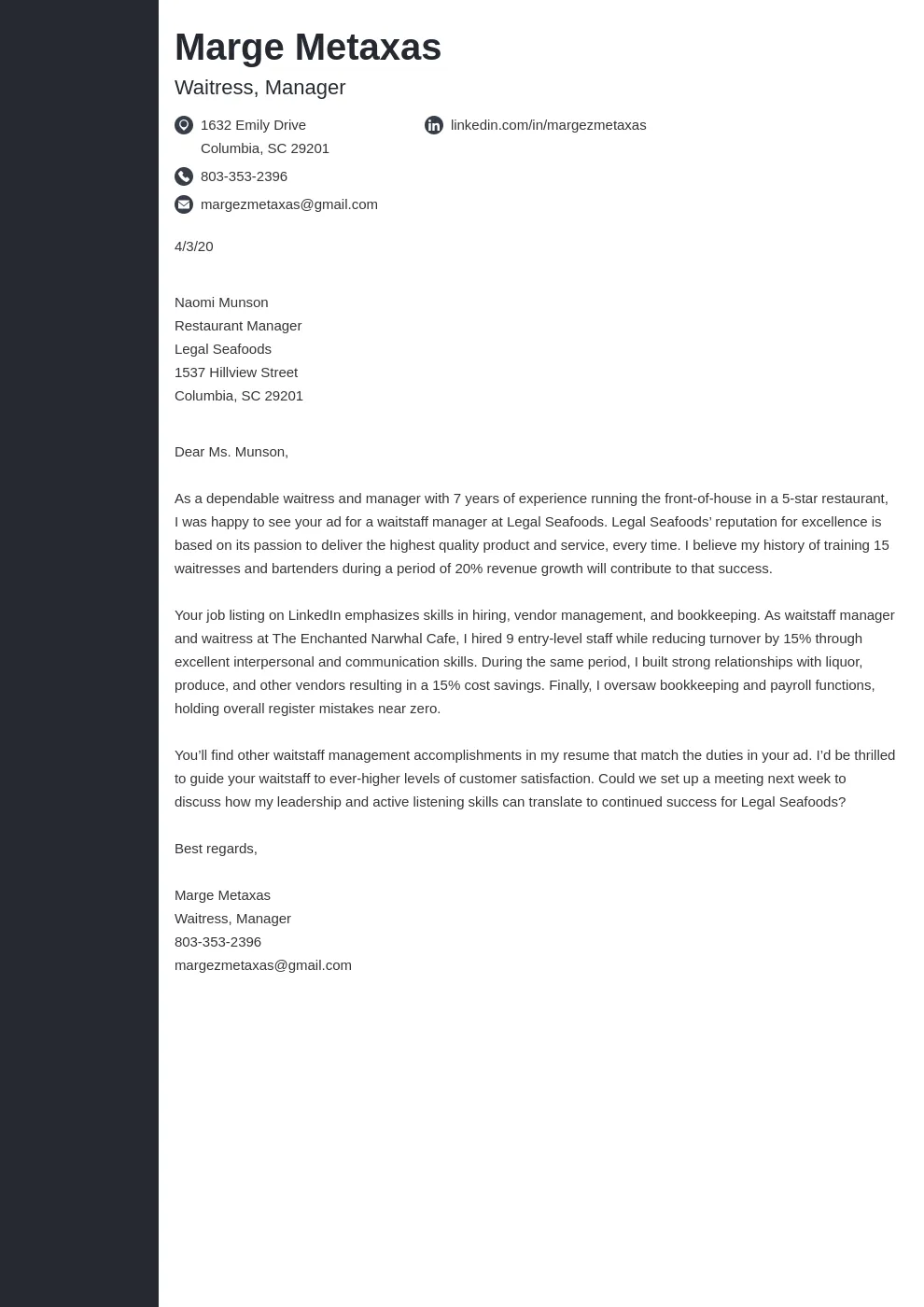 40384 restaurant server cover letter