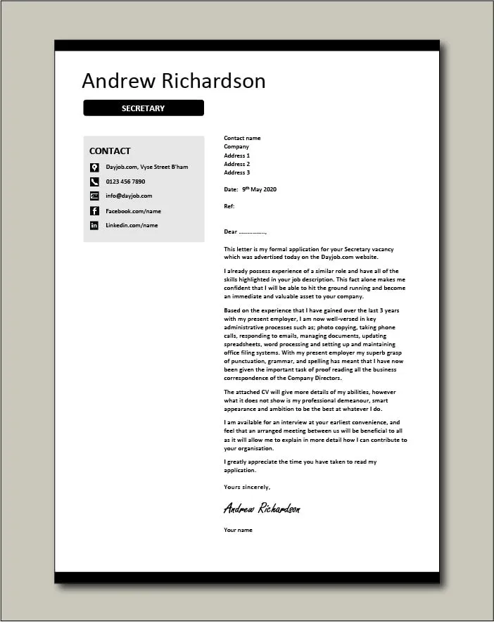40397 secretary cover letter examples