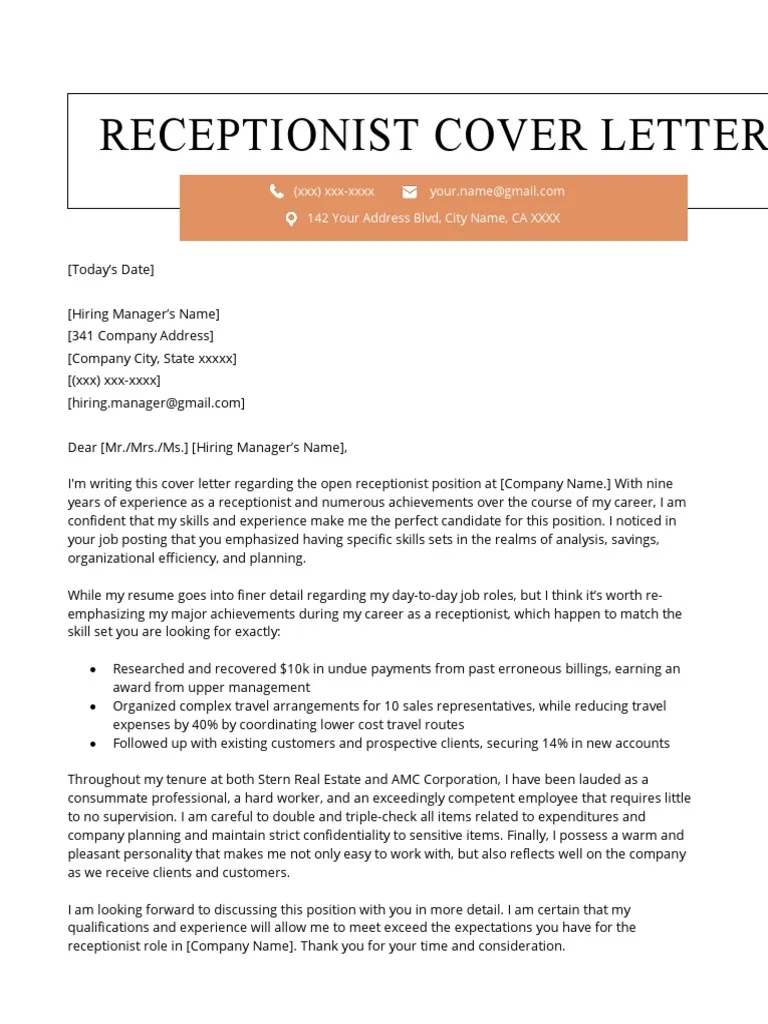 40431 receptionist cover letter header