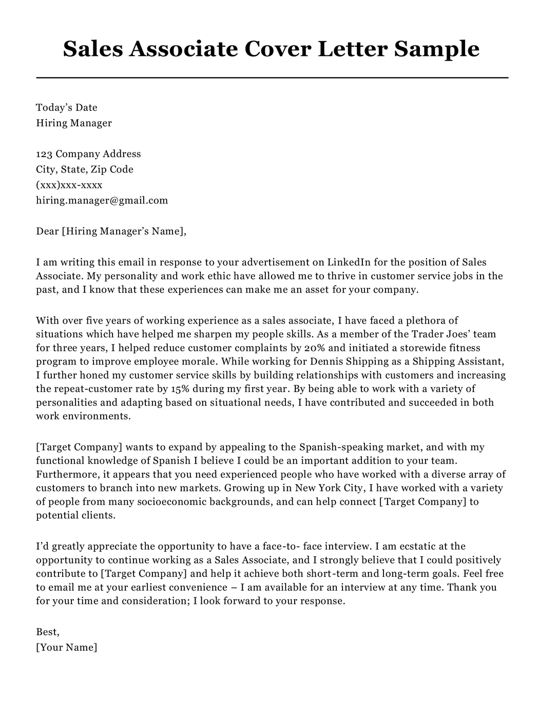 40465 sales associate cover letter tips
