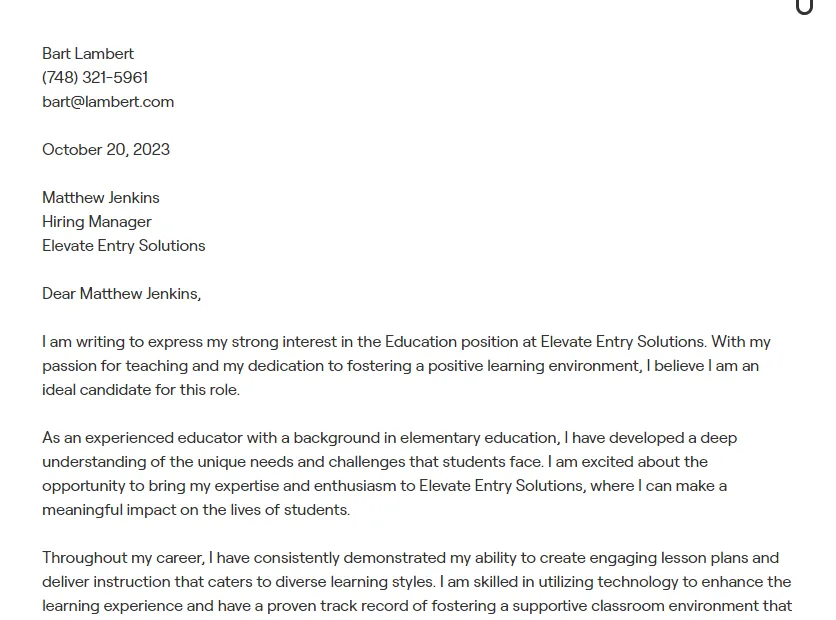 40503 education resume cover letter teacher