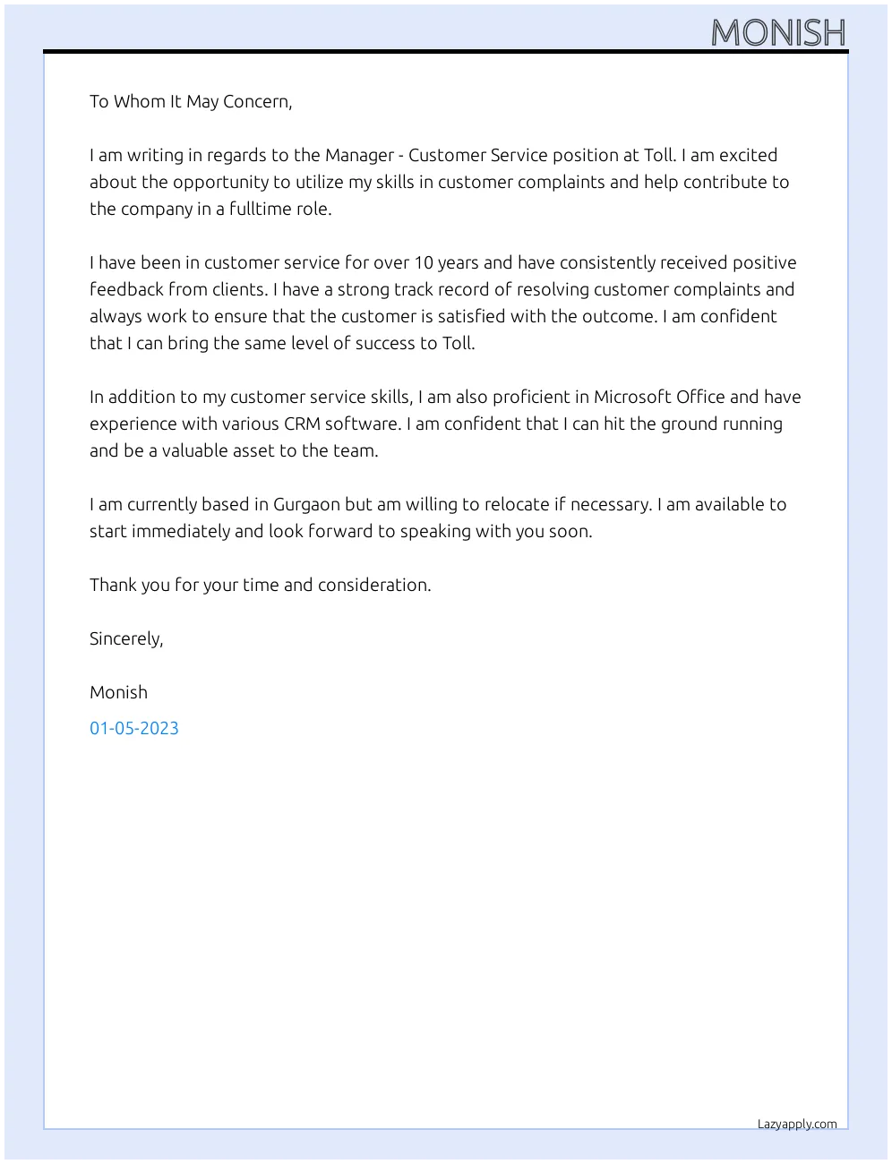 40575 cover letter customer service